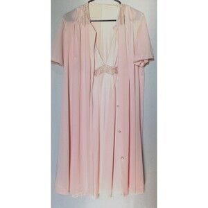 VTG Vanity Fair SET 2 Pcs S 36 Peignoir Silky Lace Gown Robe Ecru Peach Pink USA